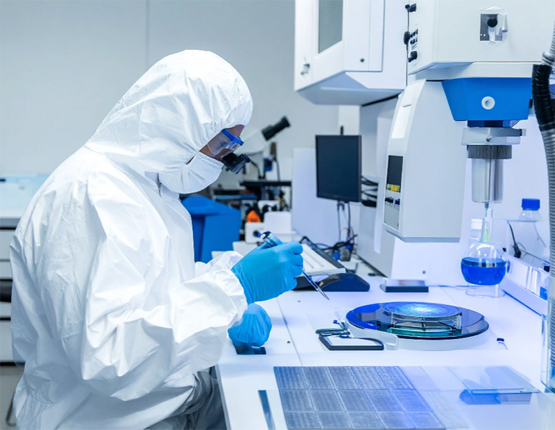 Researcher conducting semiconductor interface analysis aimed at reducing defect density and improving device yield.