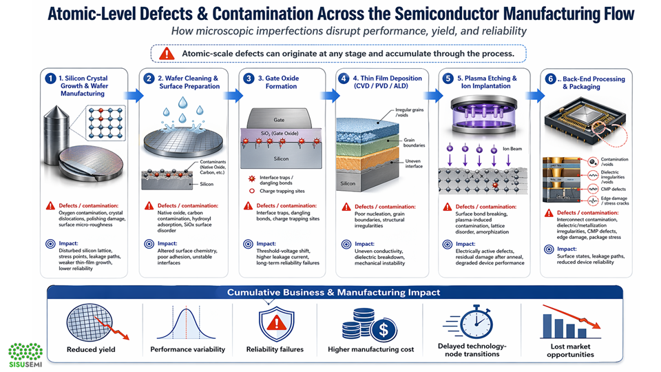 Infographic illustrating atomic-level defects and contamination across the semiconductor manufacturing flow. The graphic highlights six manufacturing stages—silicon crystal growth, wafer cleaning, gate oxide formation, thin-film deposition, plasma etching and ion implantation, and packaging—showing common sources of defects, their impact on device performance and reliability, and their cumulative business consequences including reduced yield, higher manufacturing costs, reliability failures, delayed technology-node transitions, and lost market opportunities.