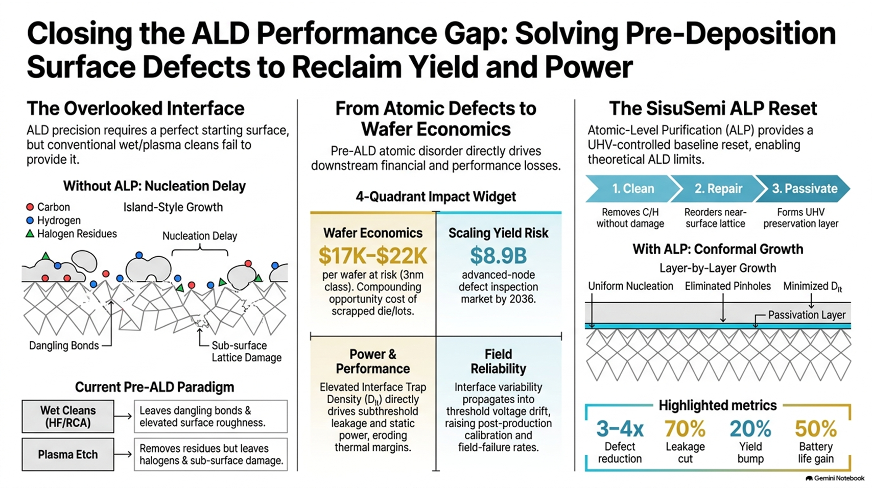 Diagram explaining how pre-ALD surface defects affect Atomic Layer Deposition by causing nucleation delays, interface trap density, leakage current, and yield loss, and how SisuSemi's Atomic Level Purification (ALP) creates a clean, repaired, and passivated surface for more uniform ALD growth.